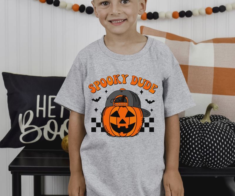 Spooky Dude Pumpkin Graphic Tee Halloween Fall