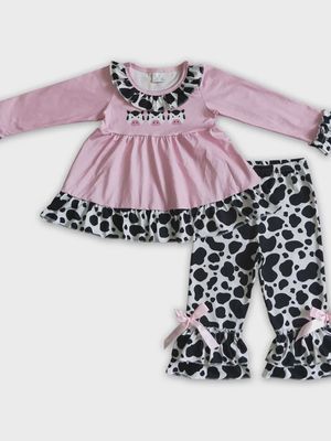 Pink Tunic Cow Ruffle Pants Set