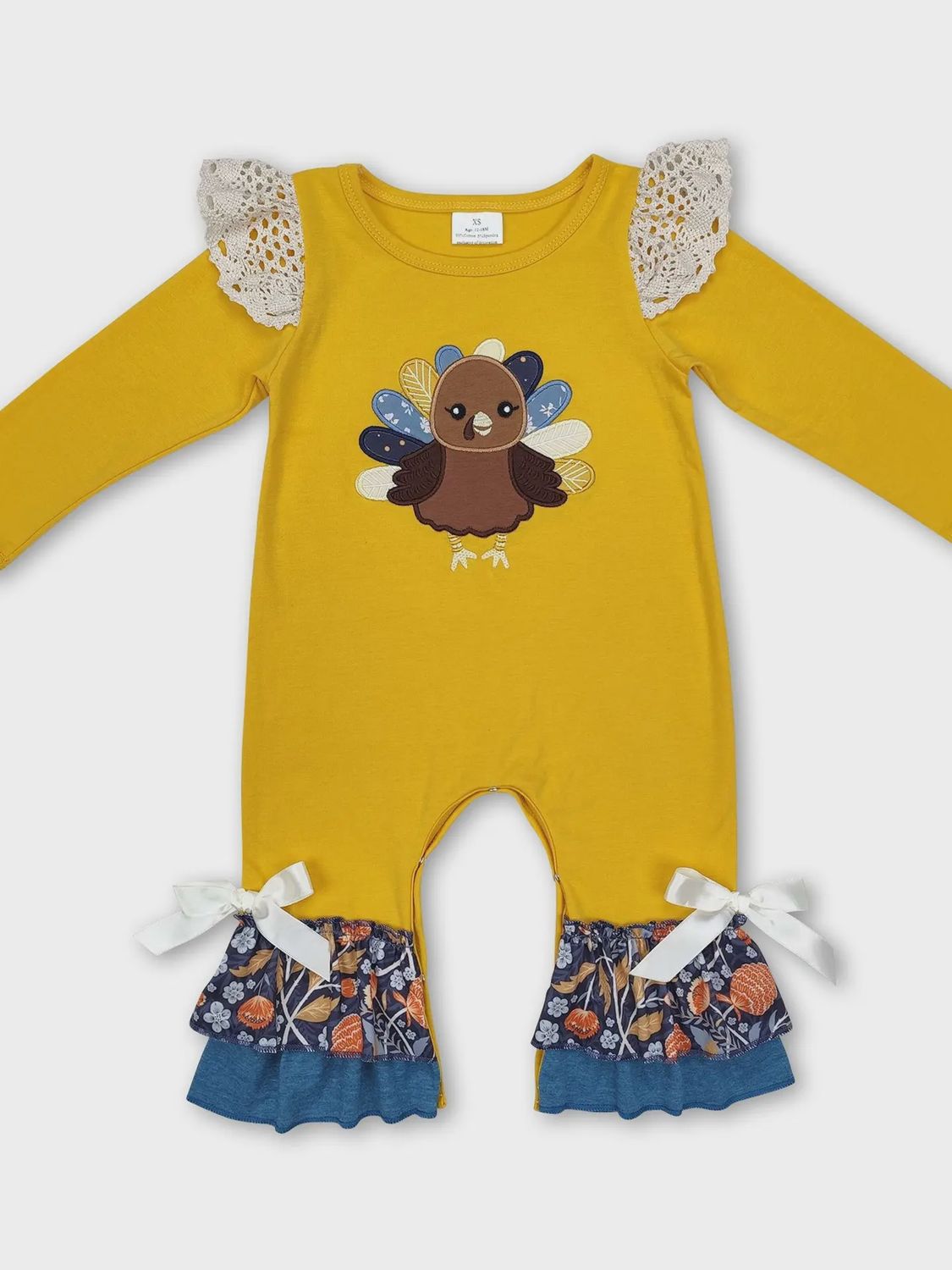 Mustard Turkey Ruffle Thanksgiving Romper