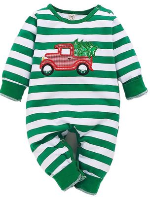 Christmas Truck Green Striped Romper