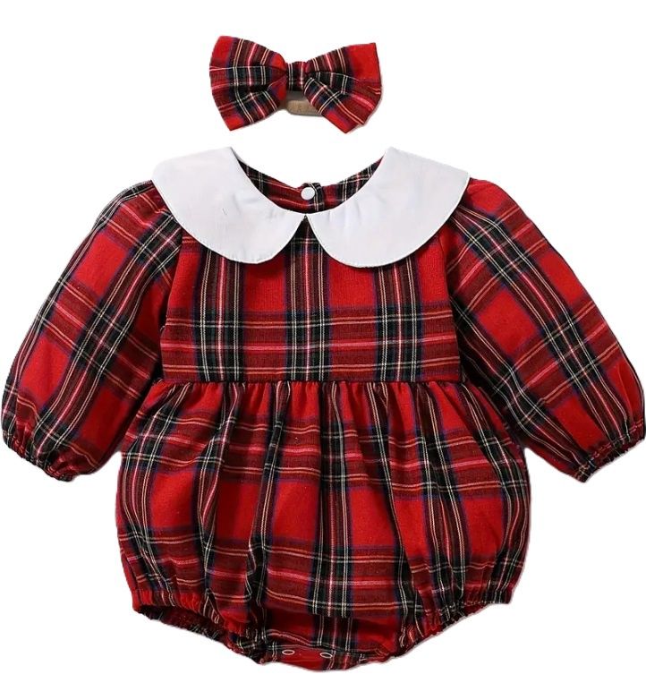 Plaid Long Sleeve Collared Romper with Headband