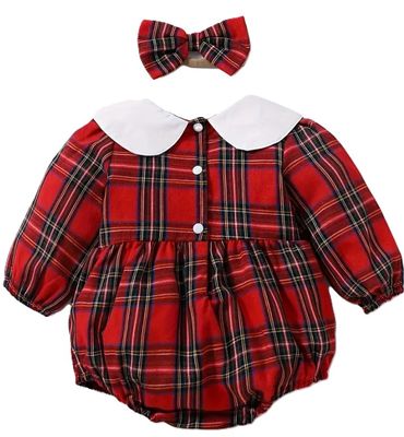 Plaid Long Sleeve Collared Romper with Headband