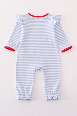 Blue Stripe Farm Applique Girl Romper