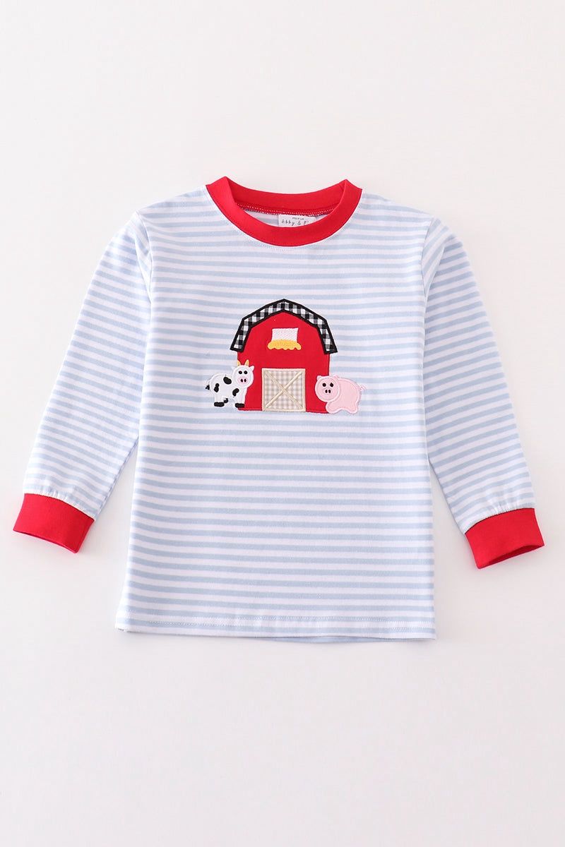 Blue Stripe Farm Applique Boy Top