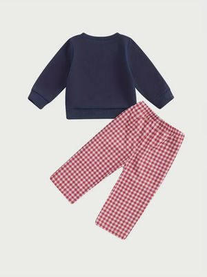 Sweatshirt with Truck Embroidery Plaid Pants Set