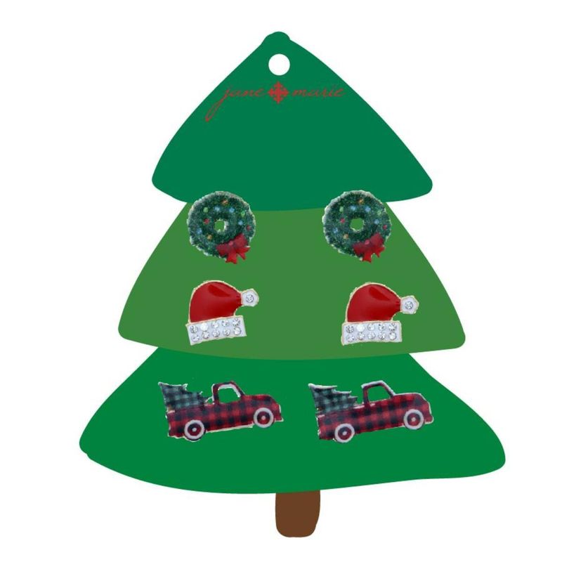 Wreath, Santa Hat, Plaid Truck Earring