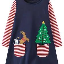 Christmas Striped Pocket Deer Tree Cotton Dress
