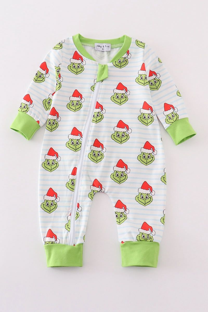 Green Stripe Grinch Zippered Boy Romper