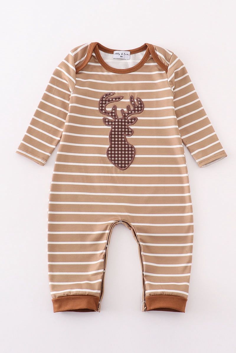 Boy Brown Striped Antler Applique Romper