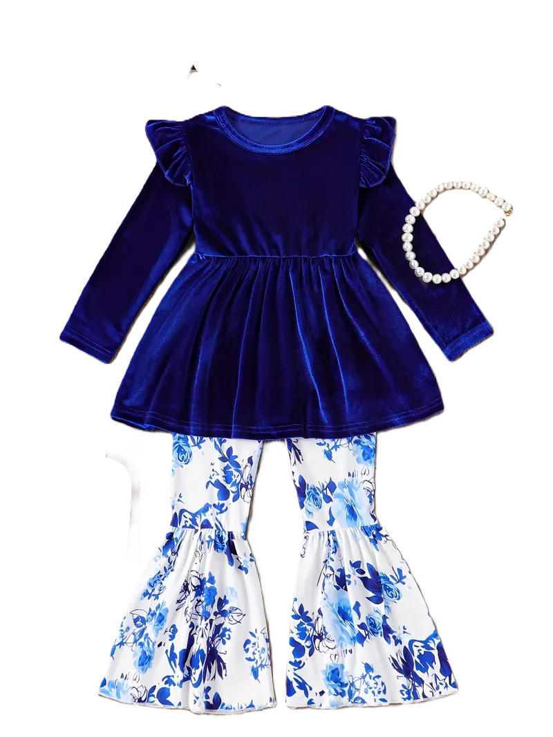 Blue Velvet Ruffle Top Floral Pants Set