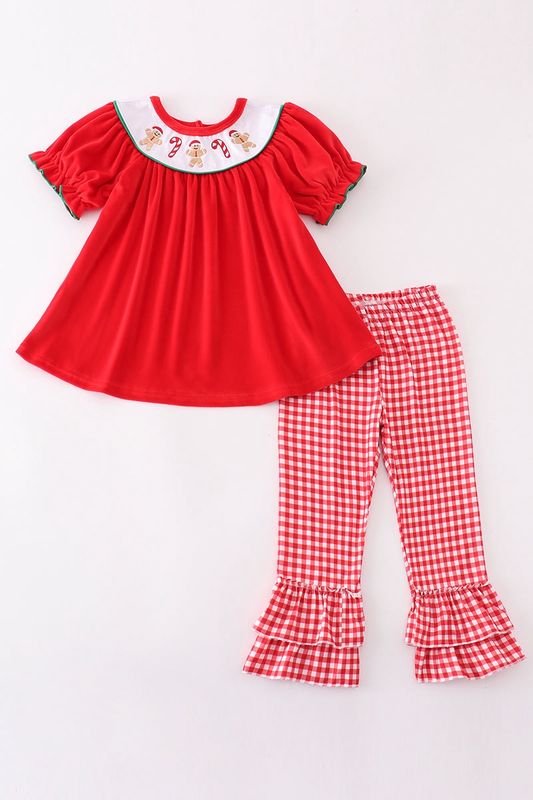 Red Velvet Gingerbread Embroidered Gingham Ruffle Pants Set