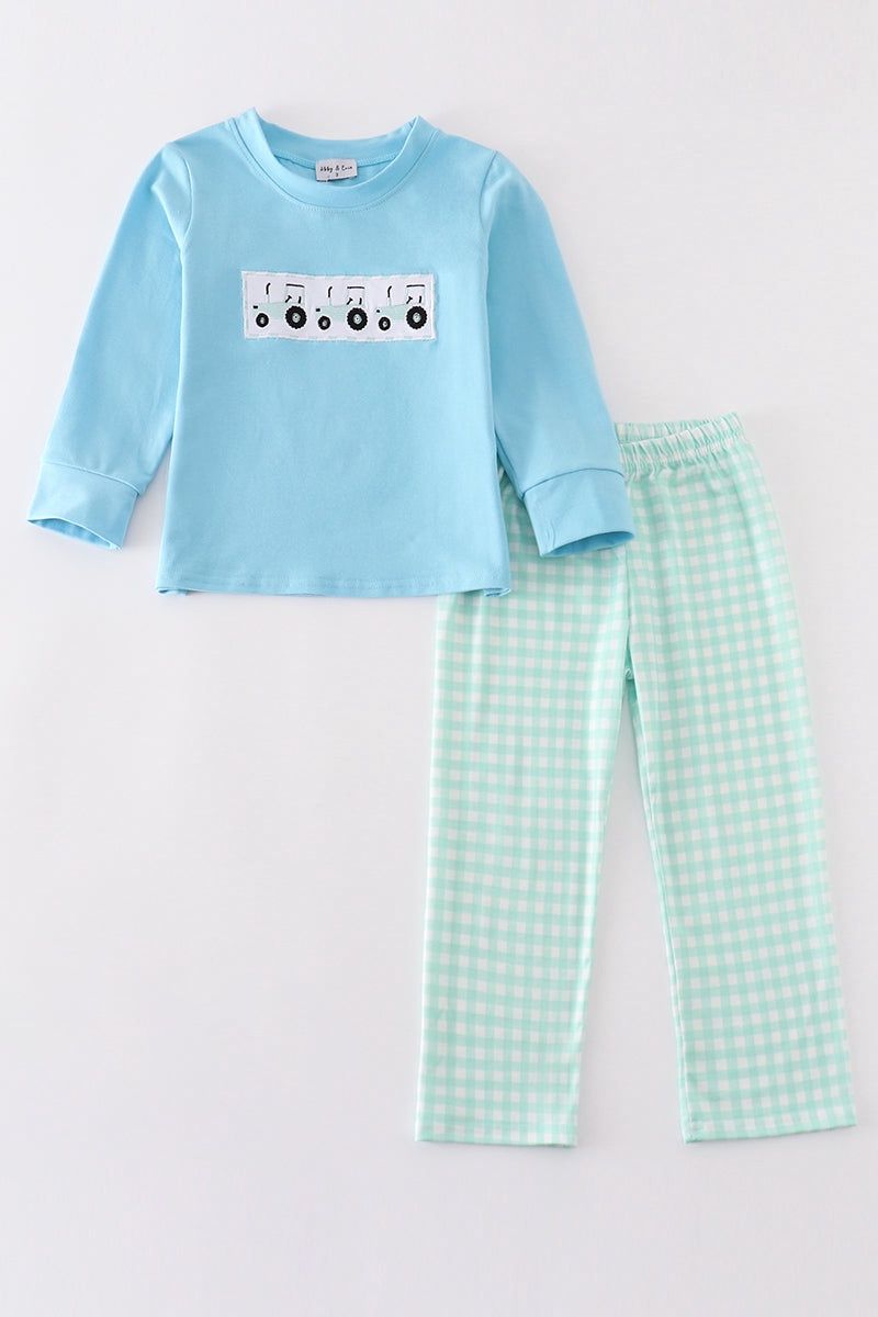 Blue Embroidered Tractor Pants Set