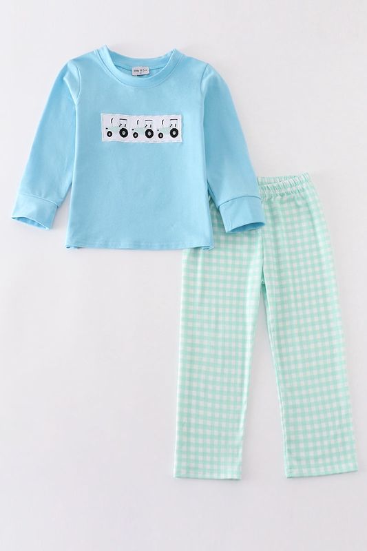 Blue Embroidered Tractor Pants Set