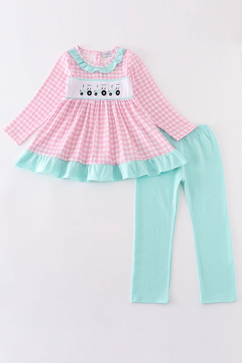 Embroidered Tractor Pink Pants Set