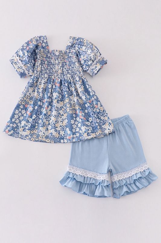 Blue Floral Smocked Shorts Set