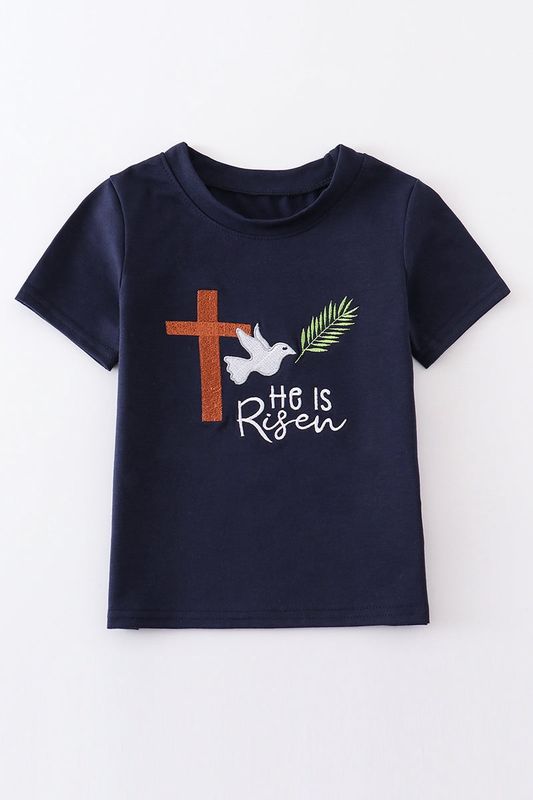 &quot;He Is Risen&quot; Embroidered Shirt - Navy