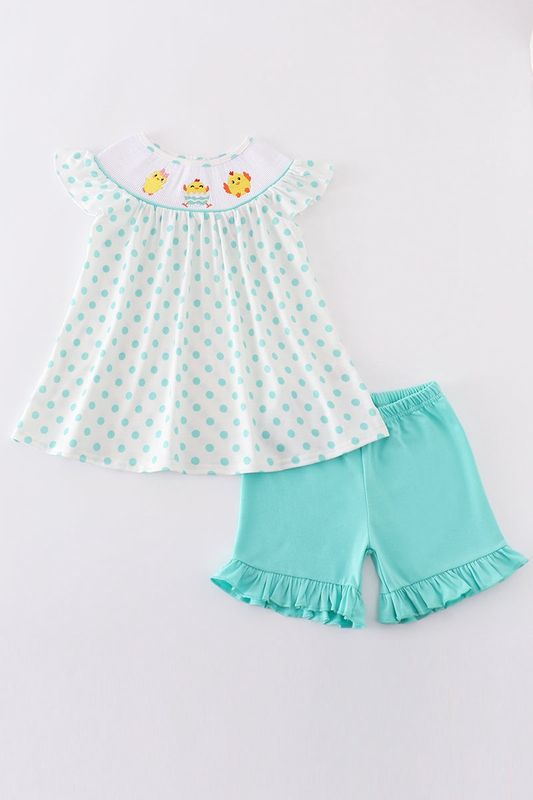 Polka Dot Embroidered Chicken Smocked Shorts Set