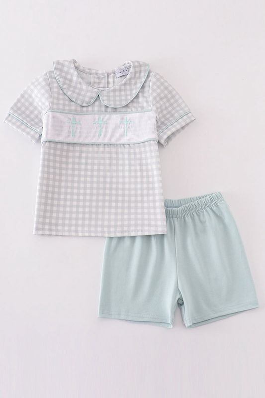 Embroidered Cross Boy Smocked Shorts Set