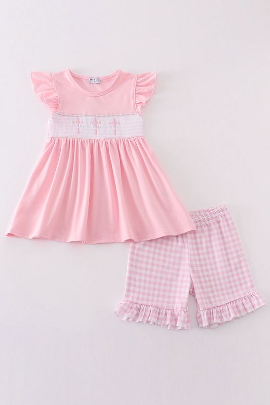 Embroidered Cross Pink Shorts Set