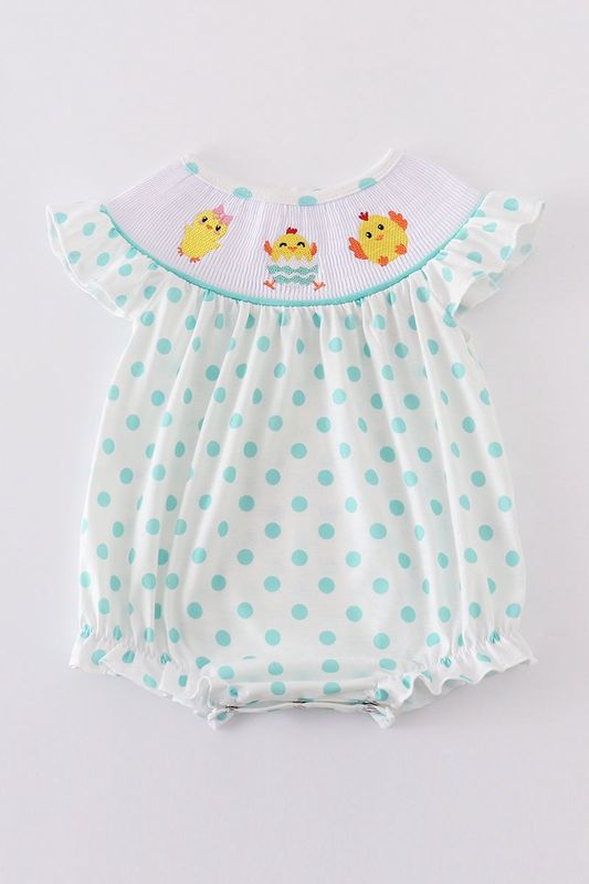 Polka Dot Embroidered Chicken Smocked Bubble