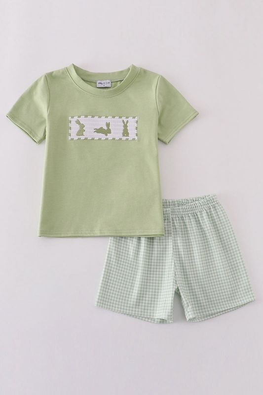 Embroidered Bunny Smocked Shorts Set - Sage
