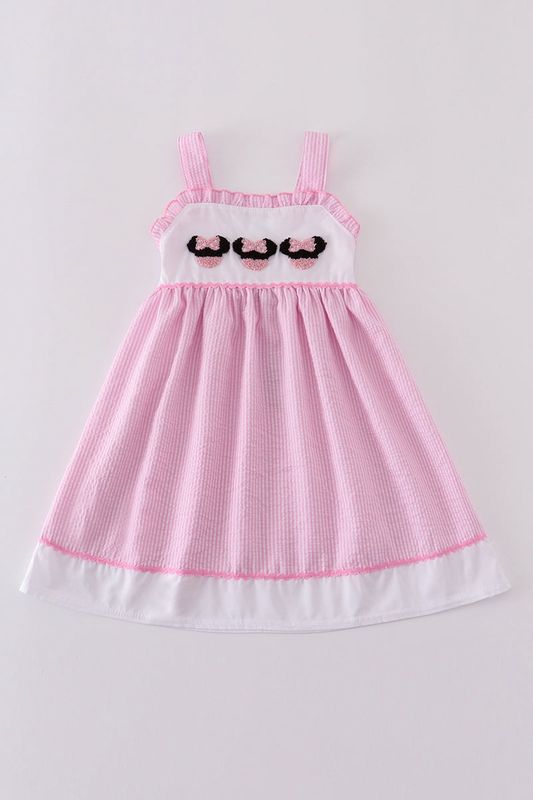 Pink Striped Seersucker Mouse French Knot Dress