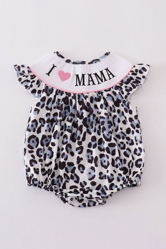 Leopard &quot;I love Mama&quot; Embroidered Smocked Bubble