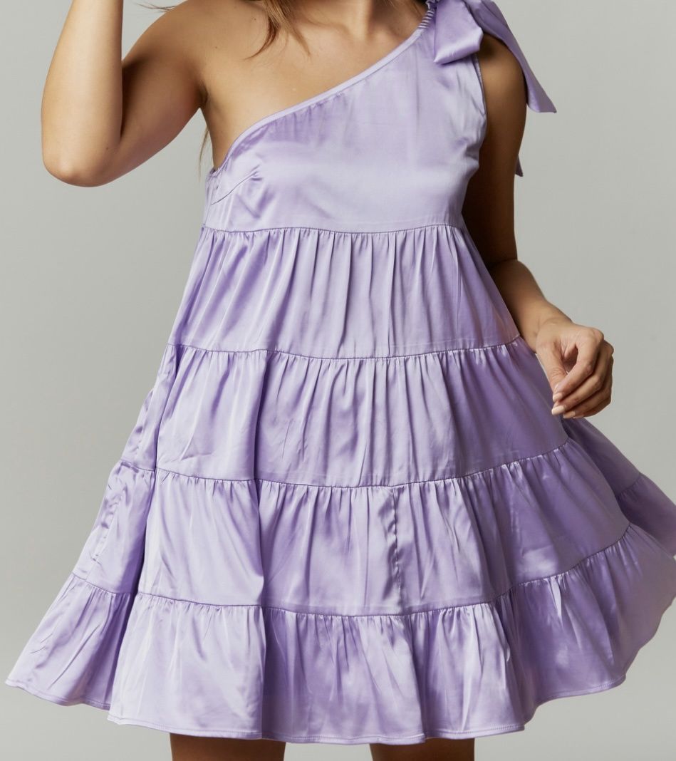 One Shoulder Satin Lavender Tiered Mini Dress