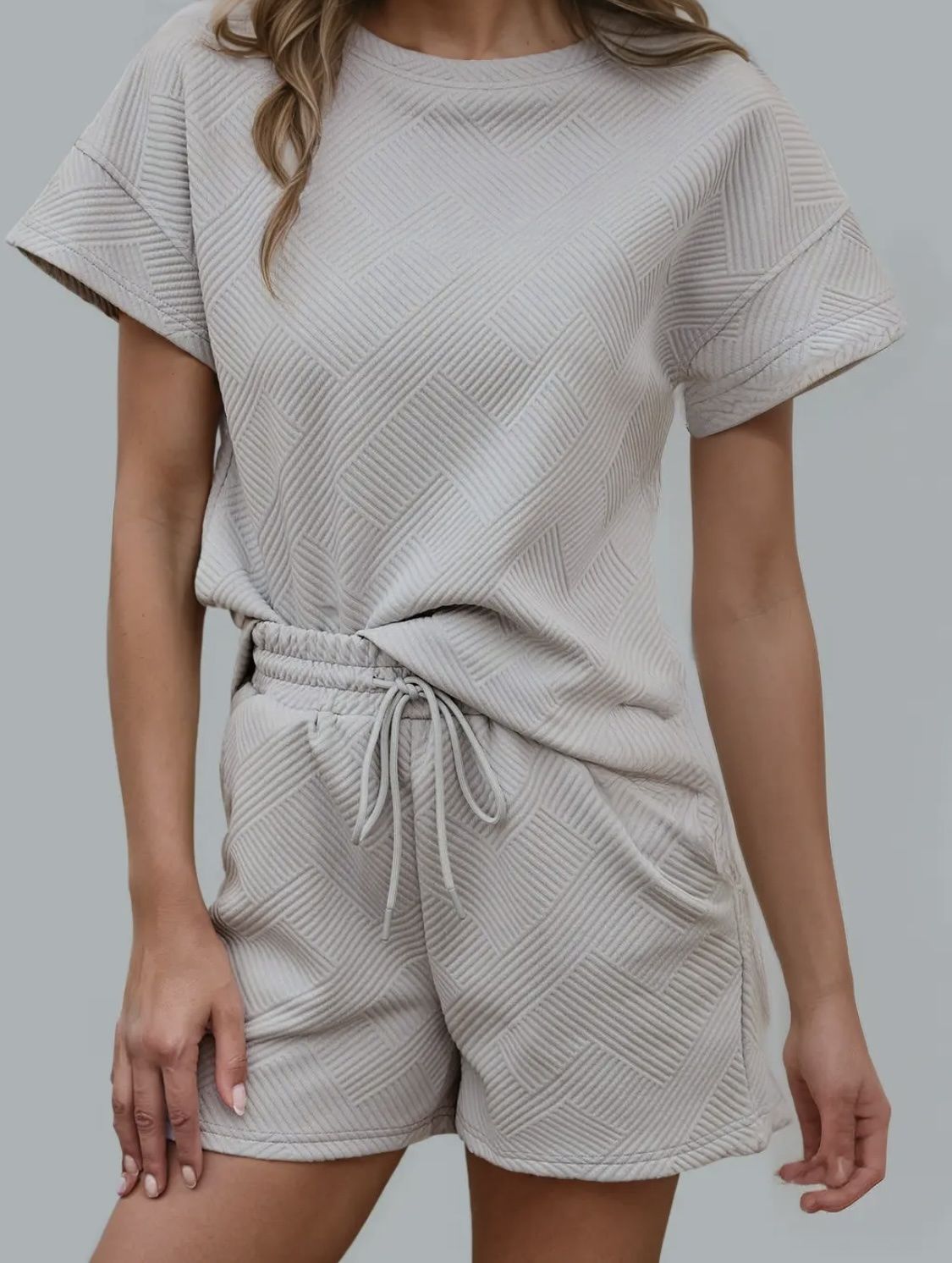 Gray Textured Drawstring Shorts Set