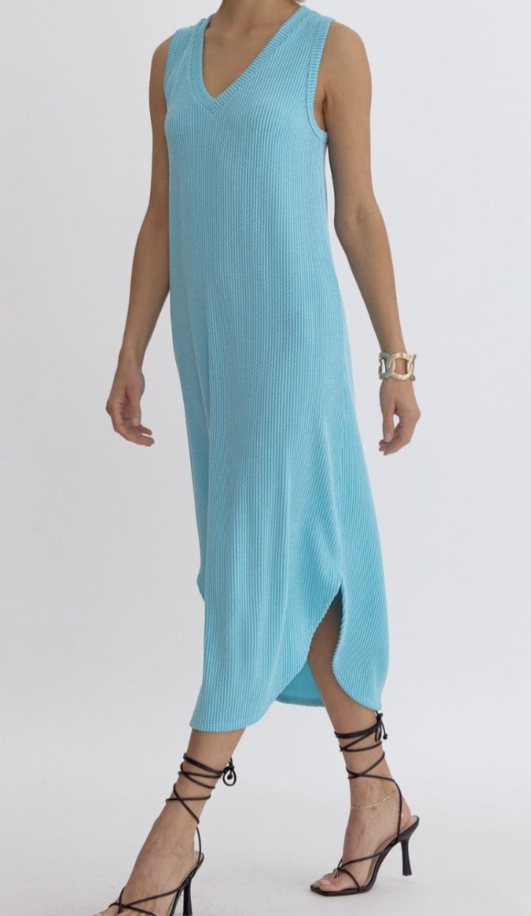Sky Blue Ribbed V-Neck Sleeveless Midi Dress