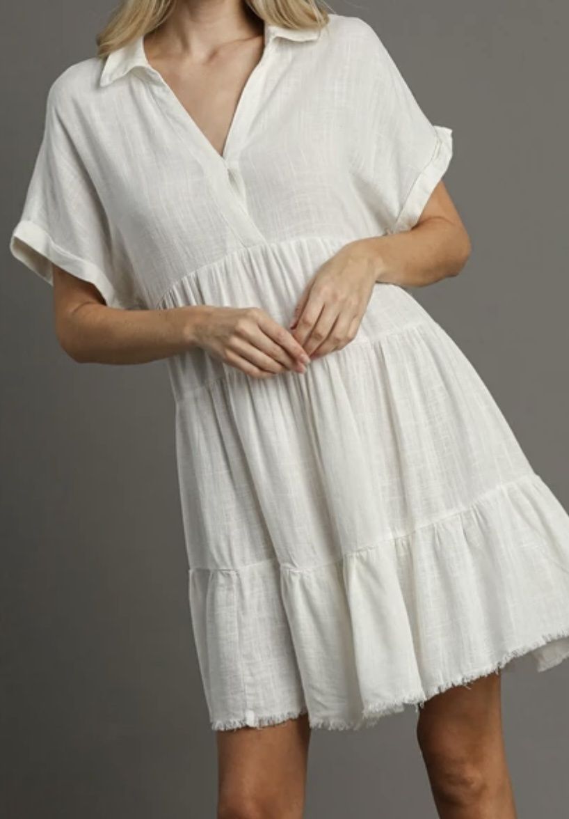 Off White Short Folded Sleeve V-Neck dress
