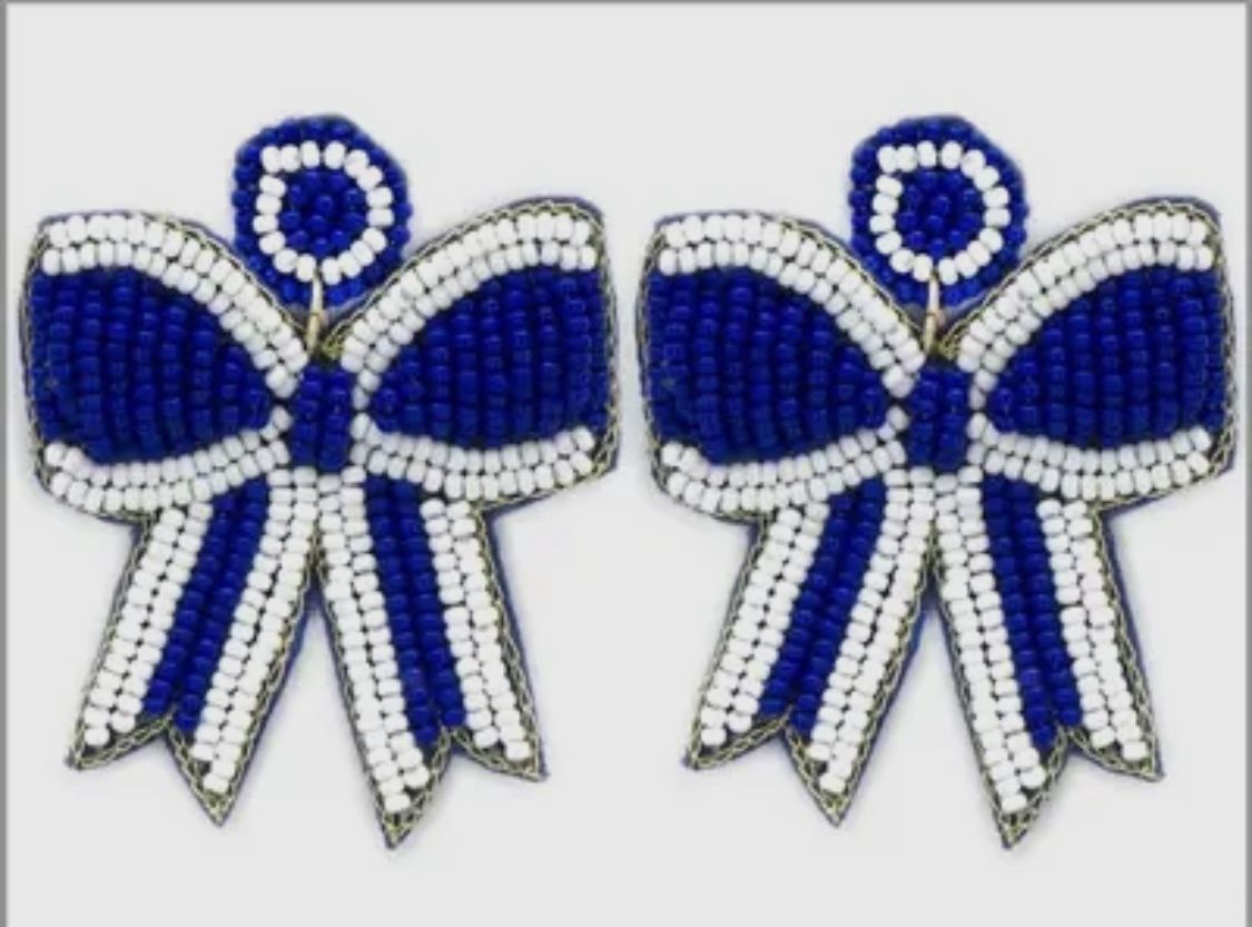 Blue &amp; White Bead Bow Earrings
