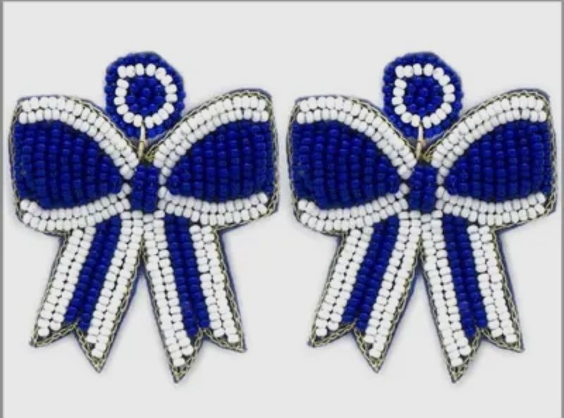 Blue &amp; White Bead Bow Earrings