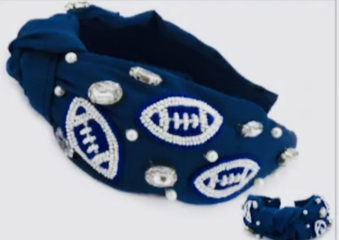 Blue &amp; White Football Beaded Headband