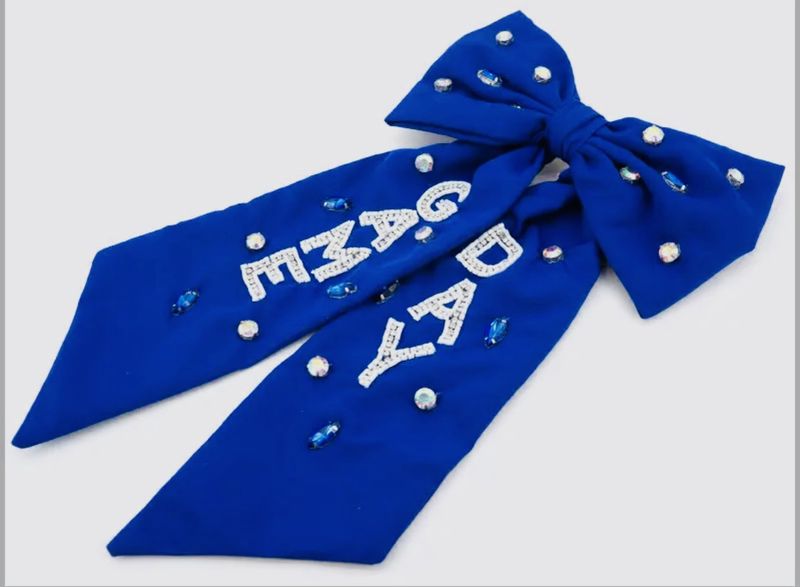 Royal Blue White Beaded Crystal Accents Game Day Bow