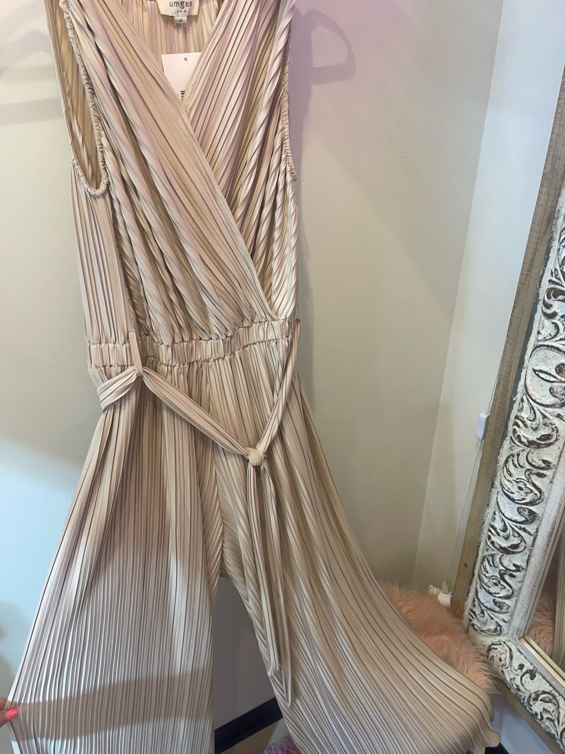 Stone Pleated Wide Leg Jumpsuit w/Belt
