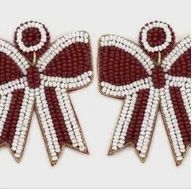 Maroon &amp; White Bead Bow Earrings
