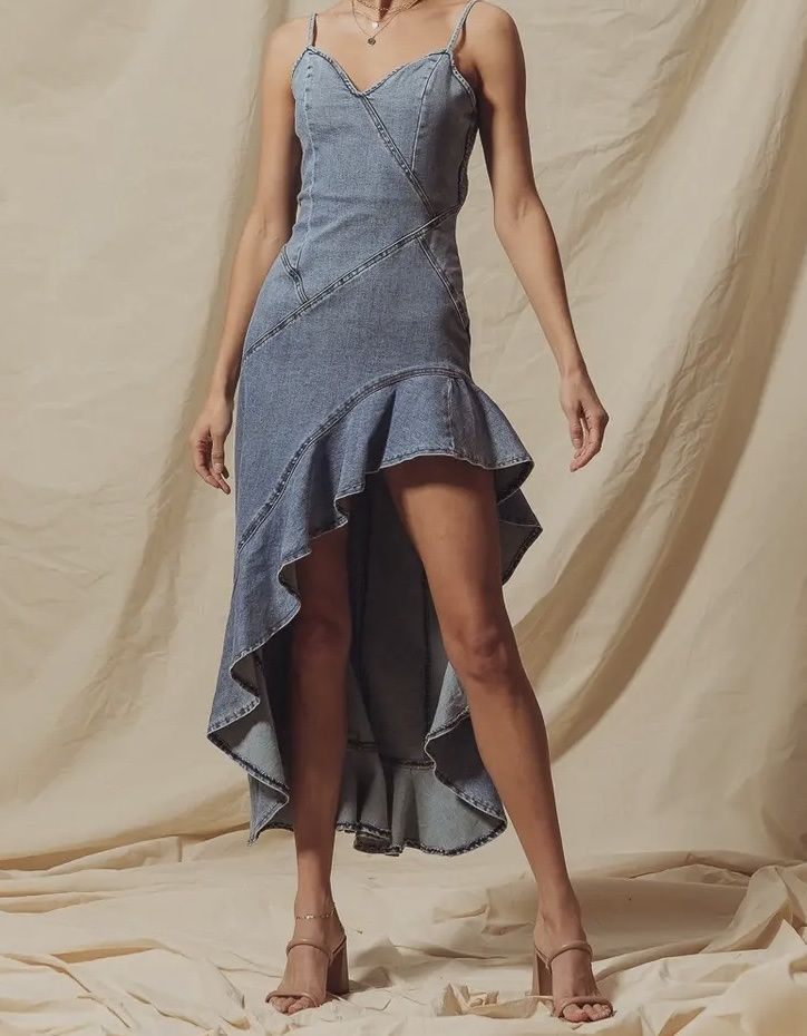 Asymmetric Flounced Hem Denim Dress