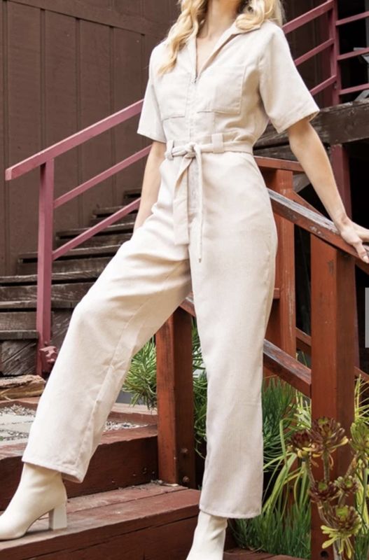 Half Sleeve Corduroy Belted Jumpsuit