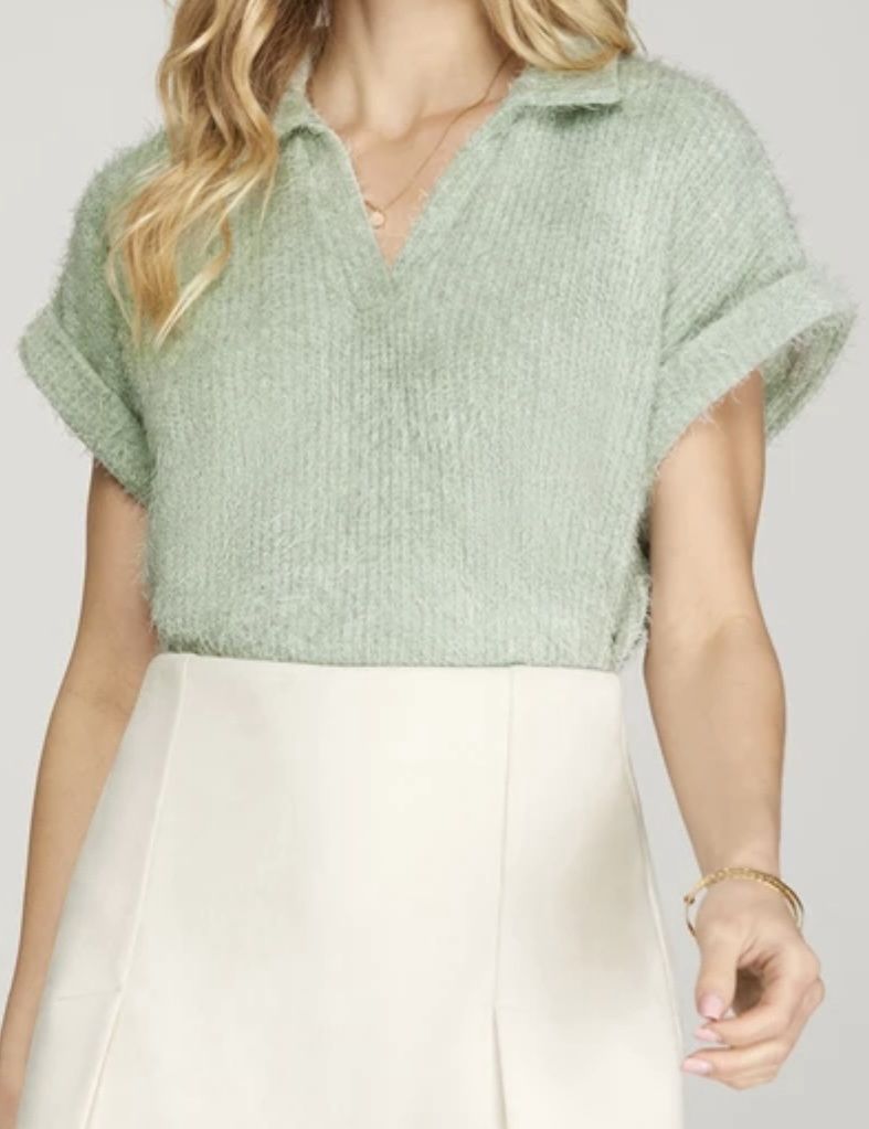 Folded Short Sleeve Collared Fuzzy Knit Top