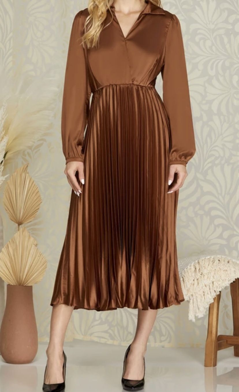 Toffee Long Sleeve Woven Satin Pleated Midi Dress
