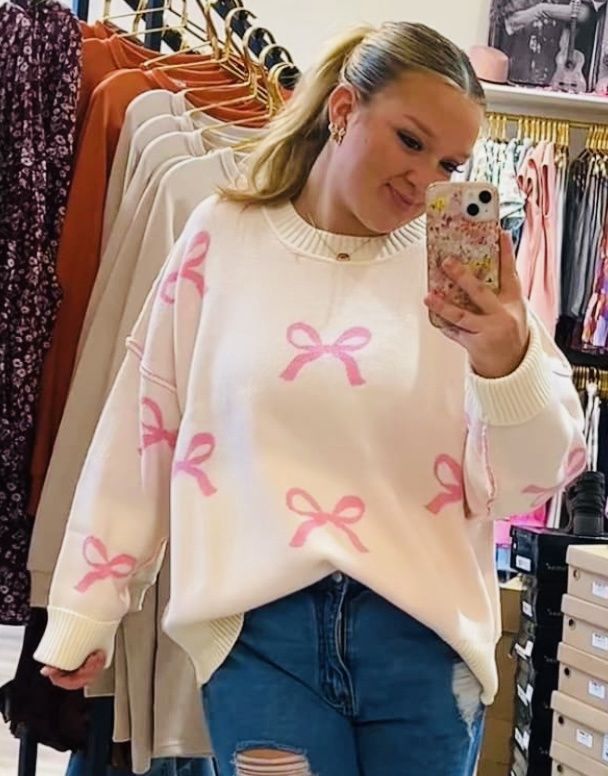 White Sweater with Pink Bows