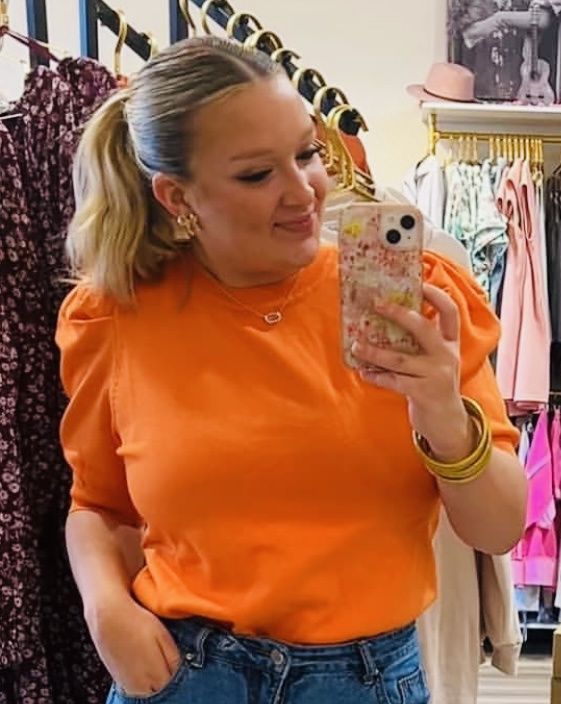 Orange Crew Neck Puff Short Sleeve Knitted Sweater