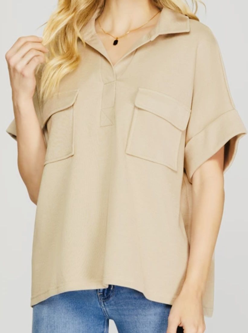 Tan  Folded Sleeve With Pockets Top