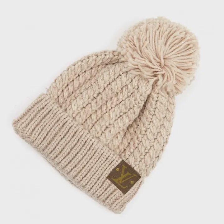 Beige LV Dupe Pompom Beanie