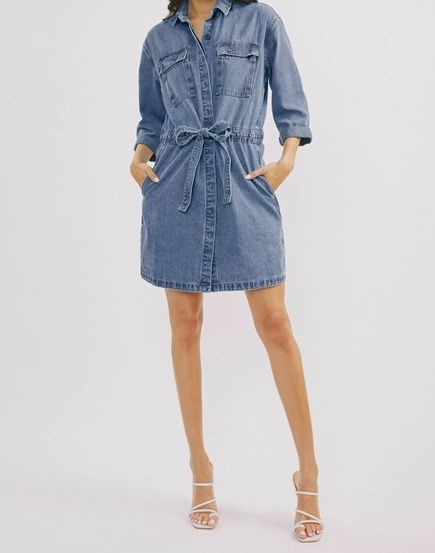 Button Down 3/4 Sleeves Blue Jean Dress
