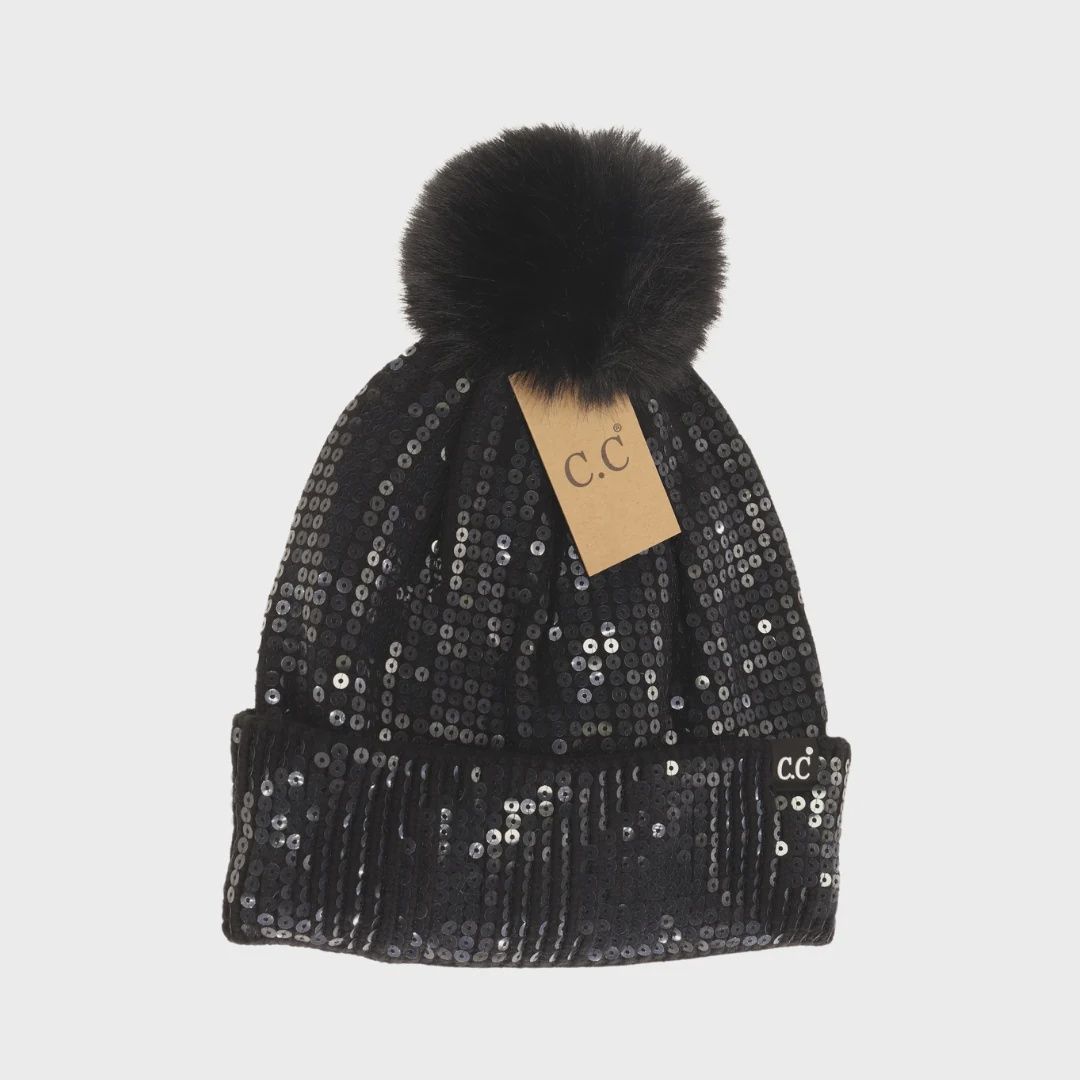 CC Clear Sequin  All Over Pom Beanie, Colour: Black