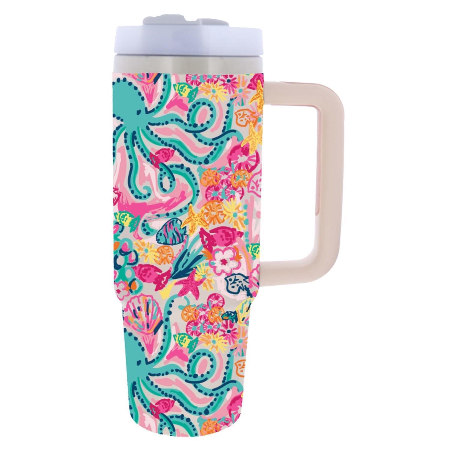 30oz Tumbler W/Straw &amp; Handle, Style: Ocean Jungle
