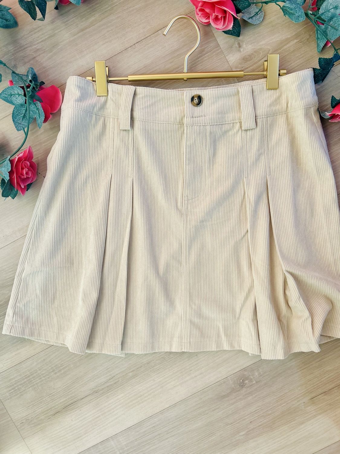 Corduroy Pleated Mini Skirt, Colour: Beige, Size: S