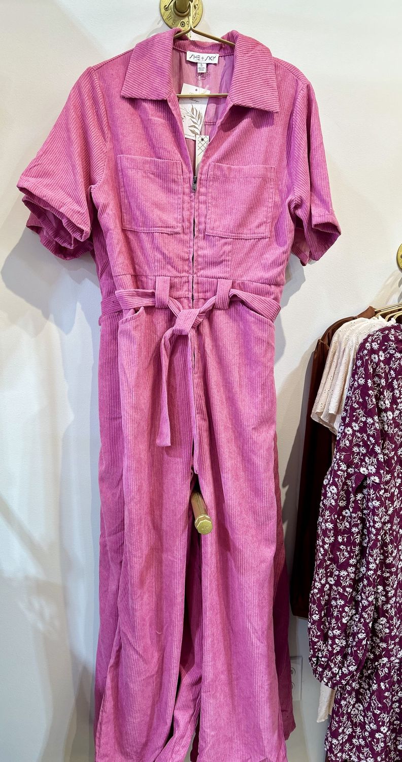 Half Sleeve Corduroy Belted Jumpsuit, Colour: Hot Pink, Size: S